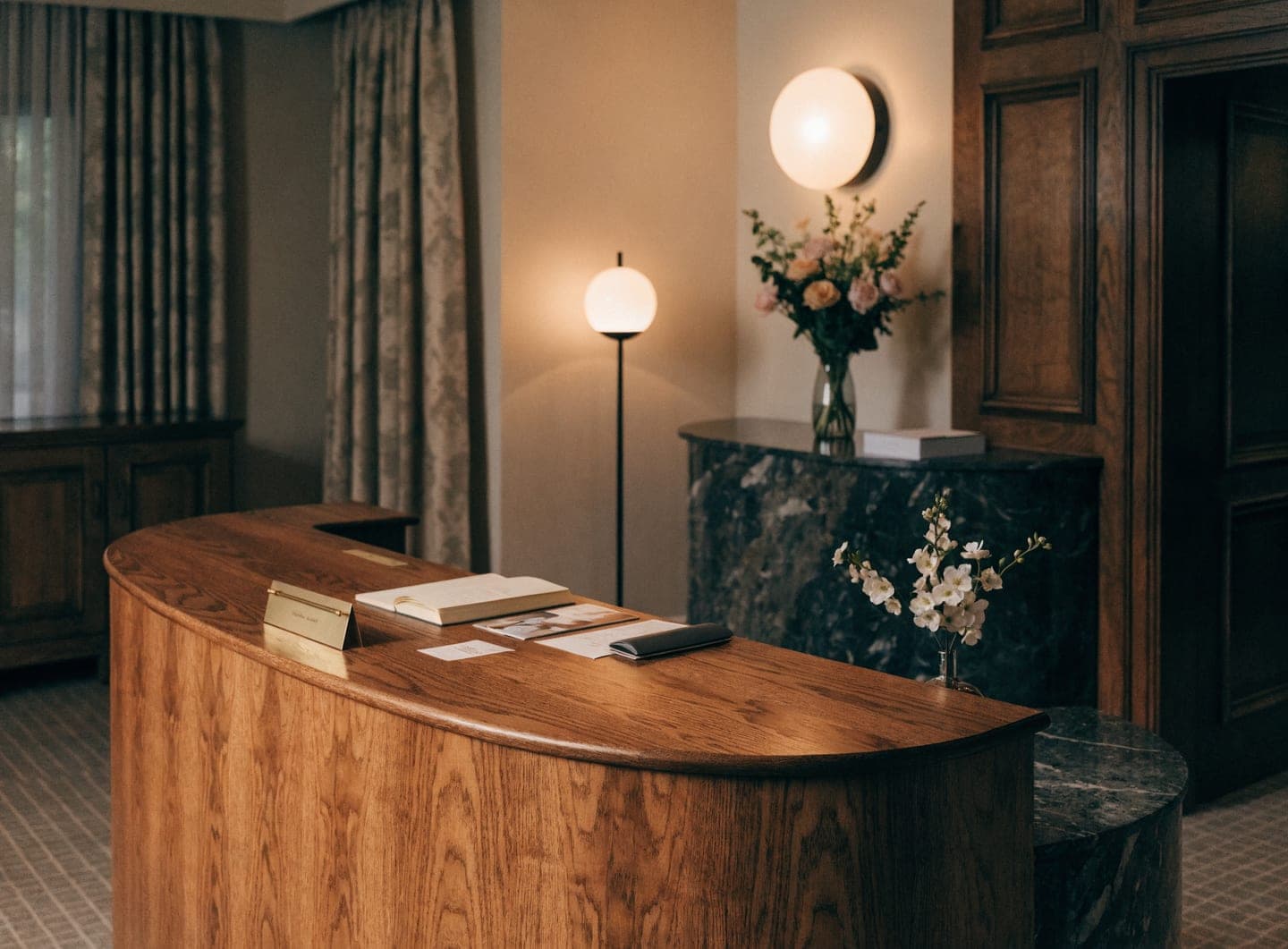 Elegant boutique hotel reception and concierge desk ready to welcome guests